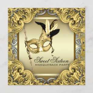 Zwart Goud Zilver Sweet Sixteen Masquerade Party Kaart