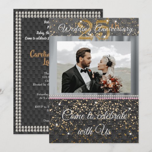 Zwart Goud & Zilver Zijde 25e Huwelijksjubileum Kaart (Voorkant / Achterkant)