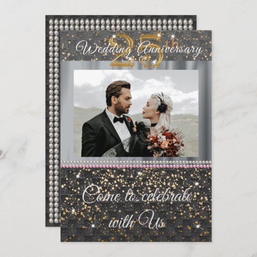 Zwart Goud & Zilver Zijde 25e trouwdagjubileum Kaart (Voorkant / Achterkant)