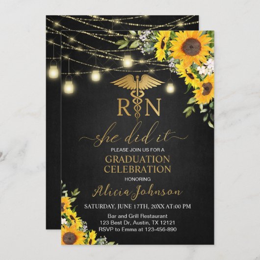 Zwart Goud Zonnebloemen RN Verpleegschool Afstuder Kaart (Voorkant / Achterkant)