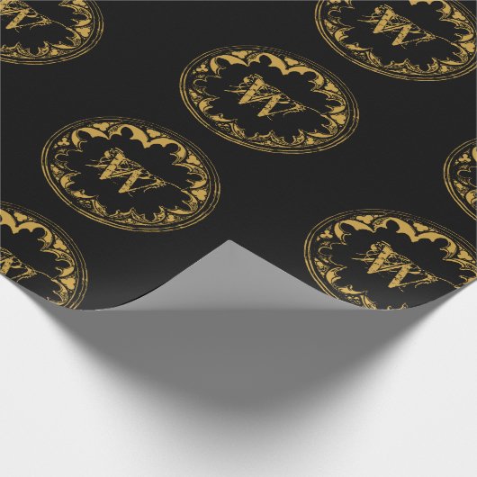 Zwart & goudbijtend  monogram cadeaupapier (Hoek)
