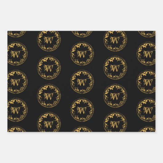Zwart & goudbijtend  monogram inpakpapier vel (Voorkant)