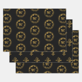 Zwart & goudbijtend monogram inpakpapier vel