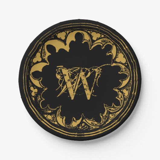 Zwart & goudbijtend  monogram papieren bordje (Voorkant)