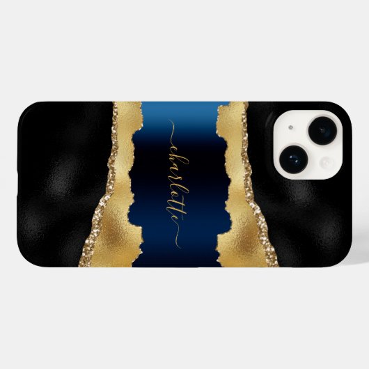 Zwart goudblauw marmer-naamscript Case-Mate iPhone case (Achterkant (horizontaal))