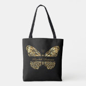 Zwart goudbruine vlindernaamscript tote bag (Achterkant)