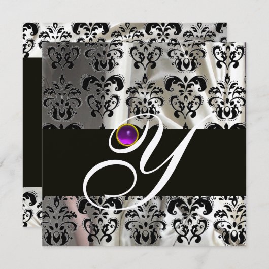 ZWART GOUDE ZIJDE DAMAST MONOGRAM PAARS AMETHYST KAART (Voorkant / Achterkant)