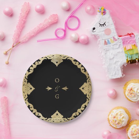 Zwart-goudelegant huwelijksmonogram papieren bordje (Feest)