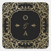 Zwart-goudelegant huwelijksmonogram vierkante sticker (Voorkant)