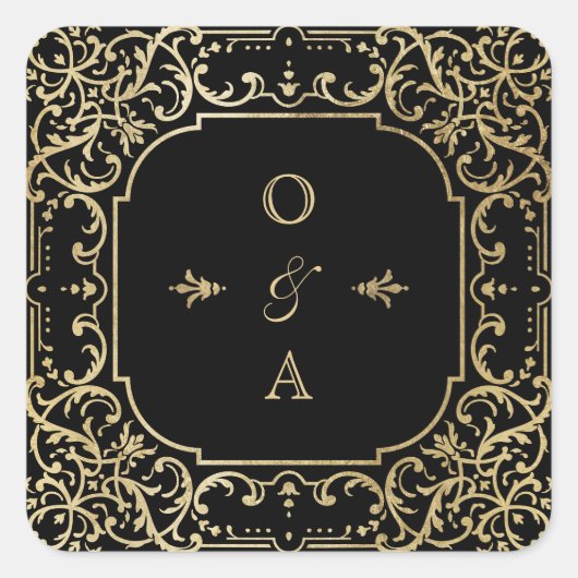 Zwart-goudelegant huwelijksmonogram vierkante sticker (Voorkant)