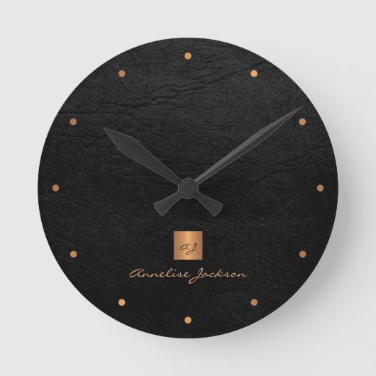 Zwart goudelegant monogram, gepersonaliseerd ronde klok (Voorkant)