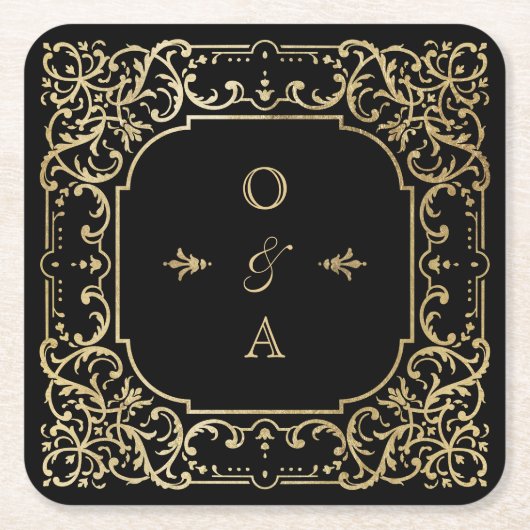 Zwart-goudelegant  monogram squar kartonnen onderzetters (Voorkant)