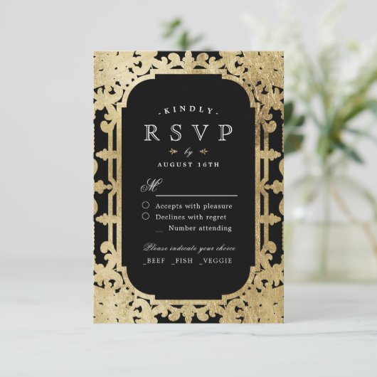 Zwart-goudelegant romantisch oogstjaar RSVP Kaartje (Staand voorkant)