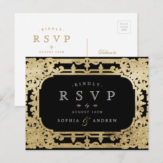 Zwart-goudelegant romantisch oogstjaar RSVP Uitnodiging Briefkaart (Voorkant / Achterkant)