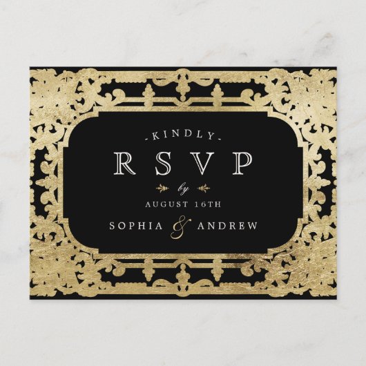 Zwart-goudelegant romantisch oogstjaar RSVP Uitnodiging Briefkaart (Voorkant)