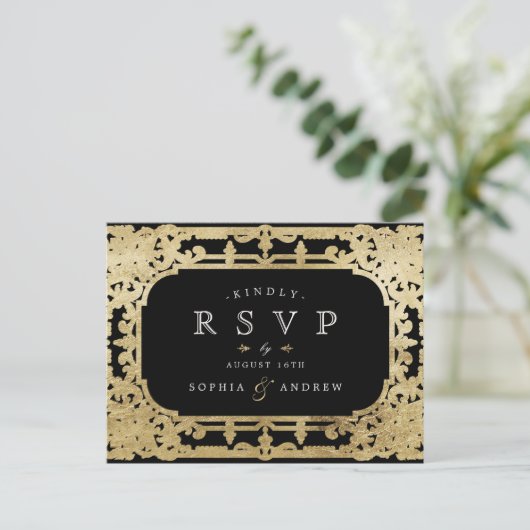 Zwart-goudelegant romantisch oogstjaar RSVP Uitnodiging Briefkaart (Staand voorkant)
