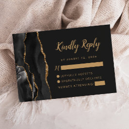 Zwart Gouden Agaat Brush Script Wedding RSVP Kaartje