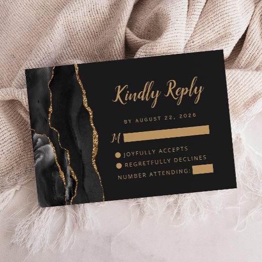 Zwart Gouden Agaat Brush Script Wedding RSVP Kaartje