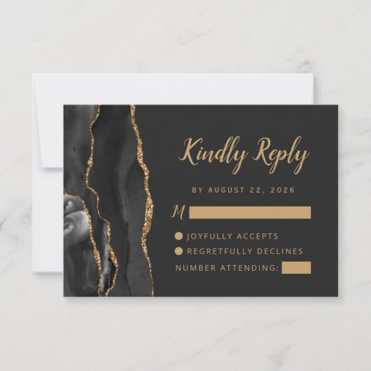 Zwart Gouden Agaat Brush Script Wedding RSVP Kaartje (Voorkant)