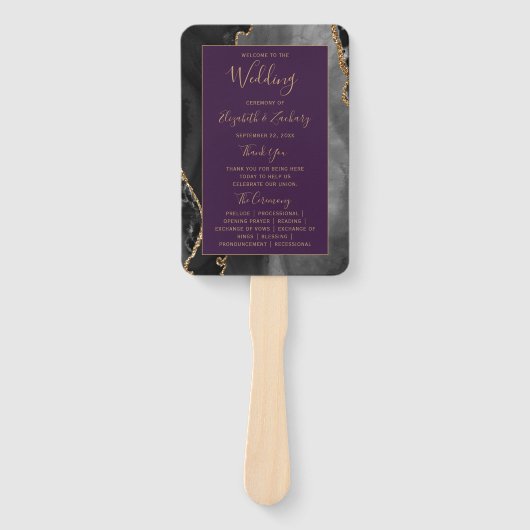 Zwart Gouden Agaat Diep Paarse Huwelijksprogramma Handwaaier (Voorkant)