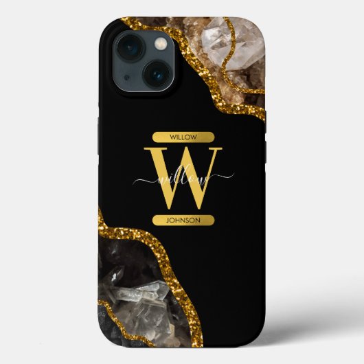 Zwart & Gouden Agaat Geode Monogram Case-Mate iPhone Case (Achterkant)