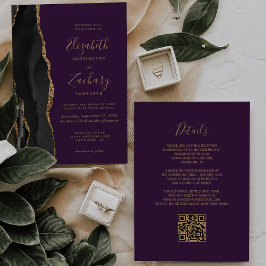 Zwart Gouden Agaat Paarse QR Code Wedding Kaart