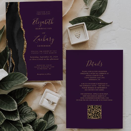 Zwart Gouden Agaat Paarse QR Code Wedding Kaart
