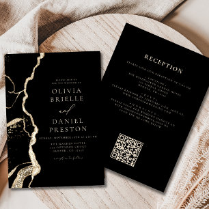 Zwart Gouden Agaat Wedding QR Code Elegant Kaart