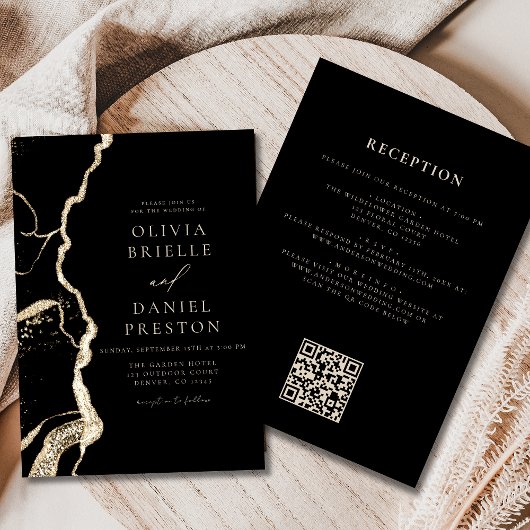 Zwart Gouden Agaat Wedding QR Code Elegant Kaart