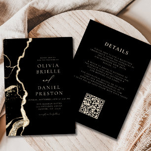 Zwart Gouden Agaat Wedding QR Code Elegant Kaart