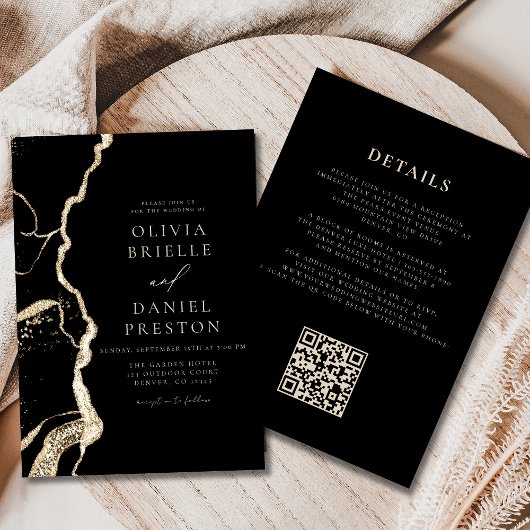 Zwart Gouden Agaat Wedding QR Code Elegant Kaart