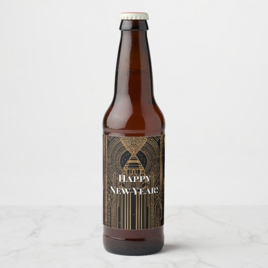 Zwart Gouden Art Deco Feesthoed Bier Etiket (Voorkant)