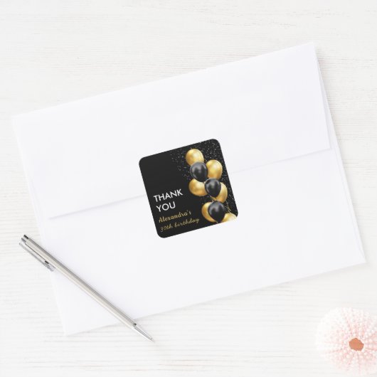 Zwart Gouden Ballon Chic Bedankt Vierkante Sticker (Envelop)