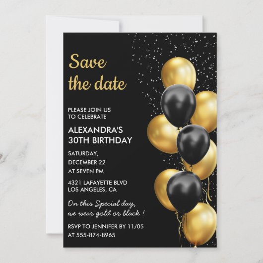 Zwart Gouden Ballon Elegant 30e Save the Date Kaart (Voorkant)