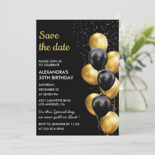 Zwart Gouden Ballon Elegant 30e Save the Date Kaart (Staand voorkant)