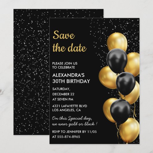 Zwart Gouden Ballon Elegant 30e Save the Date Kaart (Voorkant / Achterkant)
