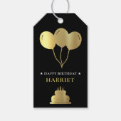 Zwart & Gouden Ballon Verjaardagstaart Cadeaulabel (Voorkant)