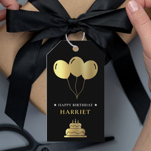 Zwart & Gouden Ballon Verjaardagstaart Cadeaulabel