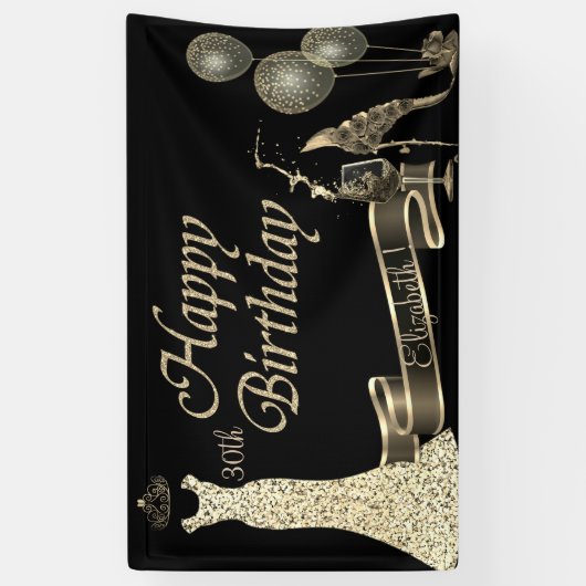 Zwart, gouden ballonnen, glas, hiel, glitterklep spandoek (Verticaal)