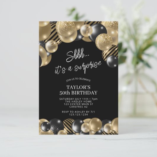 Zwart Gouden Ballonnen Verrassing 50ste Verjaardag Kaart (Staand voorkant)