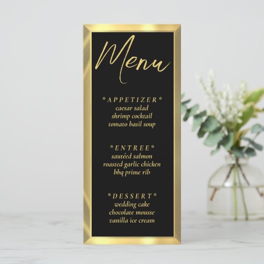 Zwart & Gouden Bar Elegante Huwelijksreceptie Menu (Staand voorkant)