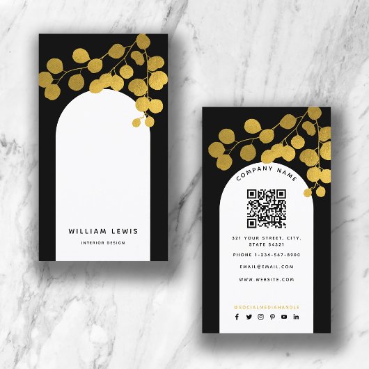 Zwart-gouden bladeren Moderne Arch QR-code Visitekaartje