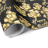 Zwart-gouden bloemen, gefeliciteerd cadeaupapier (Rol Hoek)