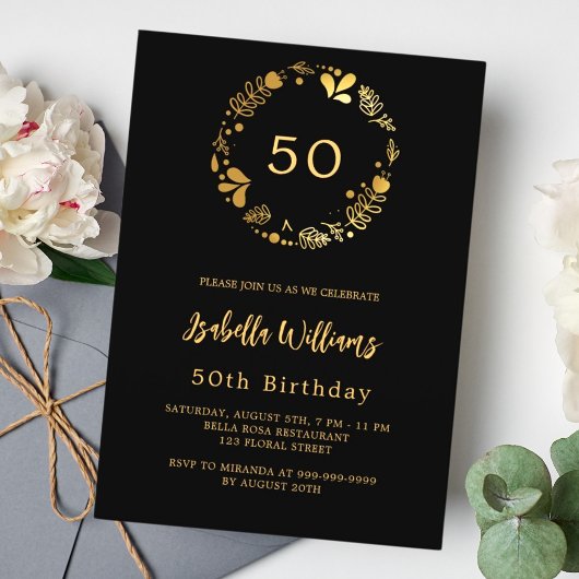 Zwart gouden bloemenkrans verjaardag kaart