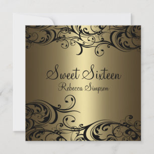 Zwart/gouden bloemig Sweet Sixteen uitnodiging