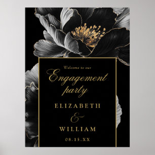 Zwart gouden bloemig verlovingsfeest welkomstbord poster