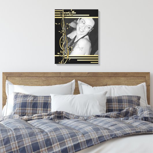 Zwart gouden bloemrand portret verpakt canvas (Insitu (Slaapkamer))