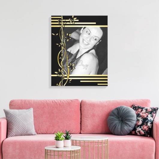 Zwart gouden bloemrand portret verpakt canvas (Insitu (Woonkamer))