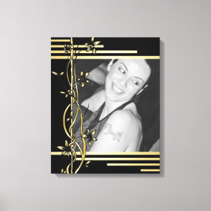 Zwart gouden bloemrand portret verpakt canvas afdruk