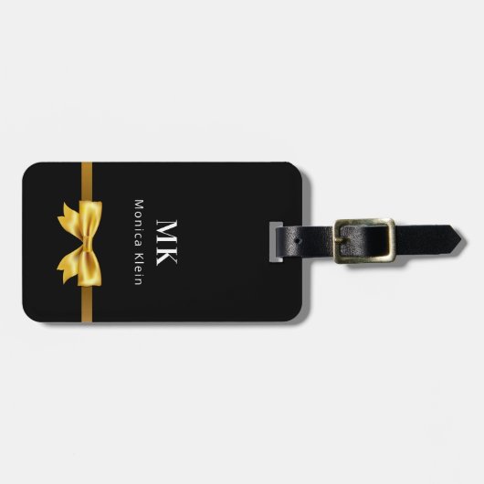 Zwart gouden boog monogram initialen elegant bagagelabel (Voorkant horizontaal)